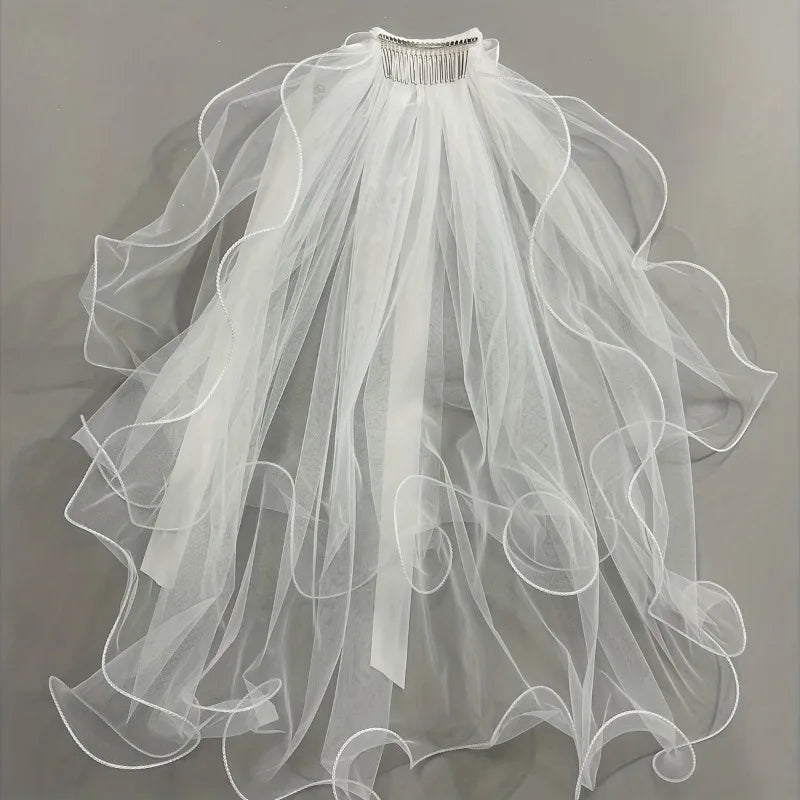 Bridal Veil Bachelorette Party White Bow Wedding Veil Elegant Tulle Layer Hair Clip for Women and Girls Qme