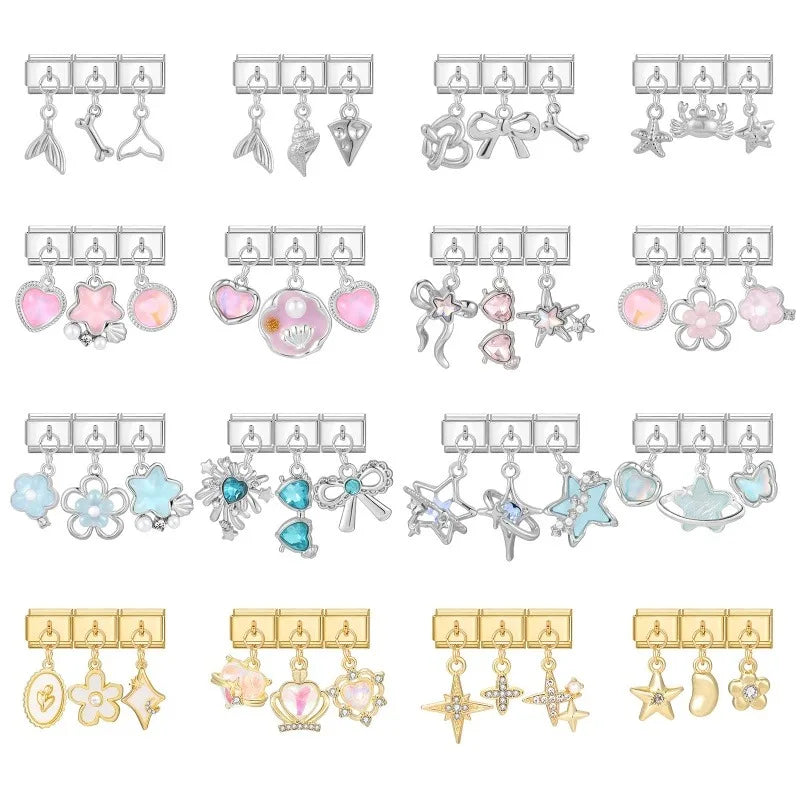 Wholesale 3Pcs Shiny Zircon Stars Bow Knot Italian Charm Links Fit 9mm Stainless Steel Bracelet Women Jewelry DIY Making Gifts Qme