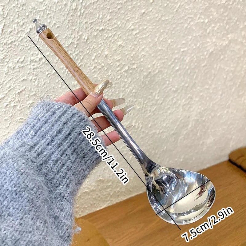 Stainless Steel Wooden Handle Soup Spoon Strainer Household Pot Ladle Qme