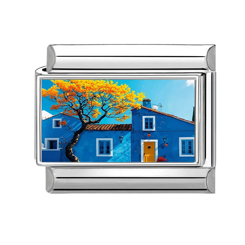 Spring Scenery Rape Flower Red Vintage Car Tree House Charms Italian Links Fit 9mm Bracelet Stainless Steel DIY Making Jewelry Qme Style 11