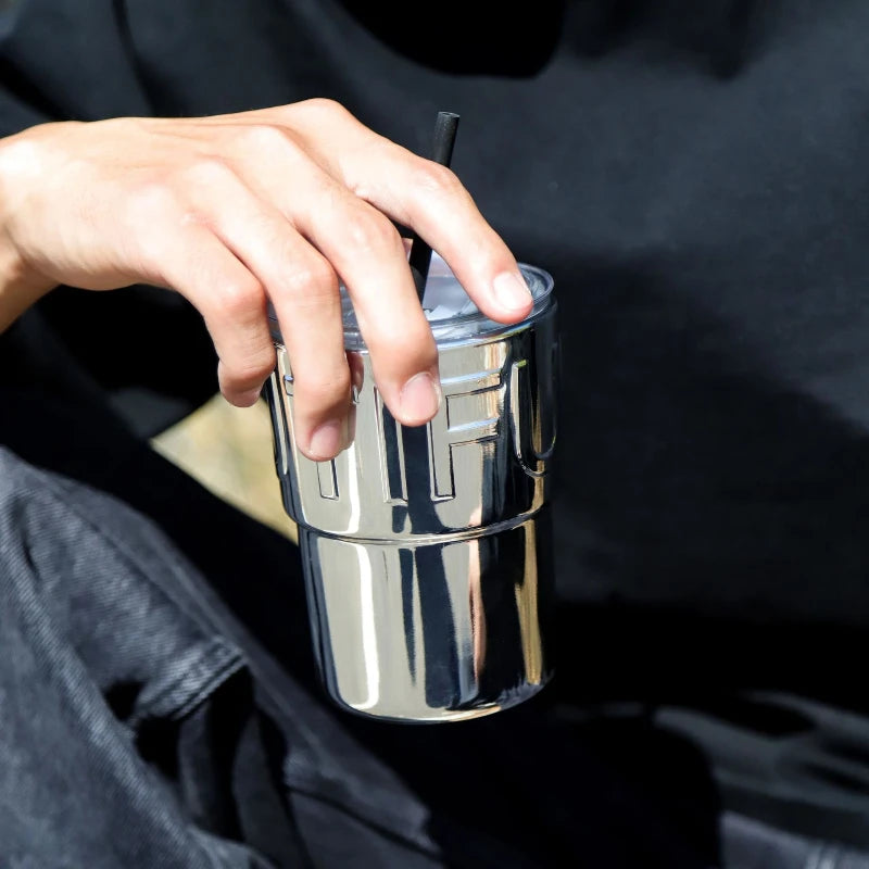 Lid-equipped Glass Mirrored Straw Coffee Cup Qme