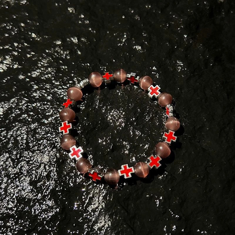 Fashion Cross Beaded Bracelets For Women Men Ins Style Cat's Eye Stone Couples Bracelets Qme