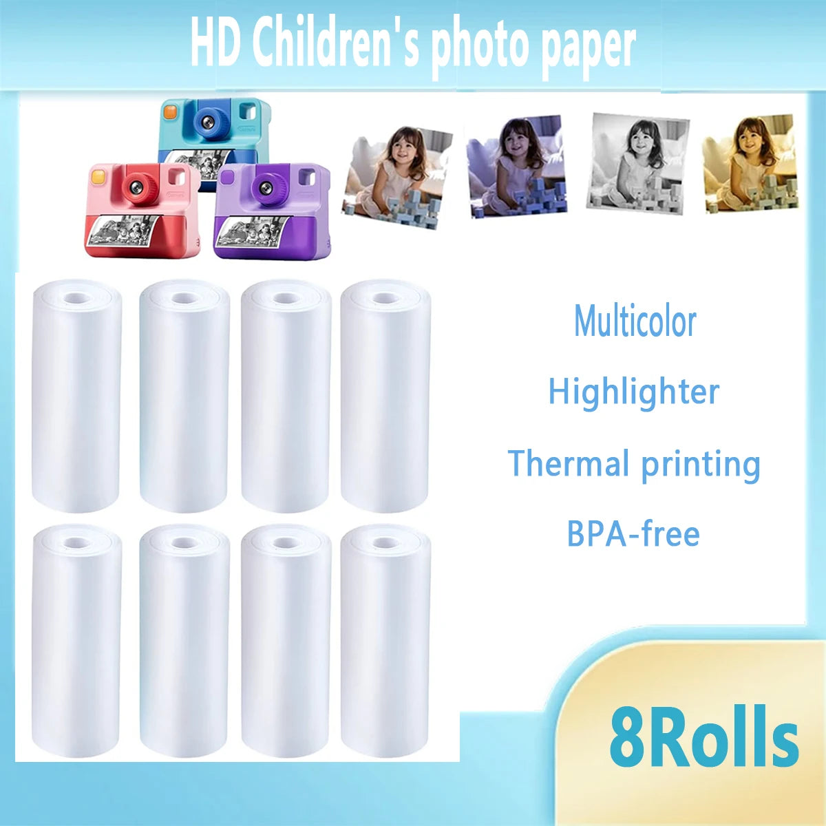 Kids Camera Paper Roll, Kids Instant Refill Paper, 4 Color Portable Thermal Printing Camera Photo Paper Rolls 57*25mm Qme M-WHITE57-25-8