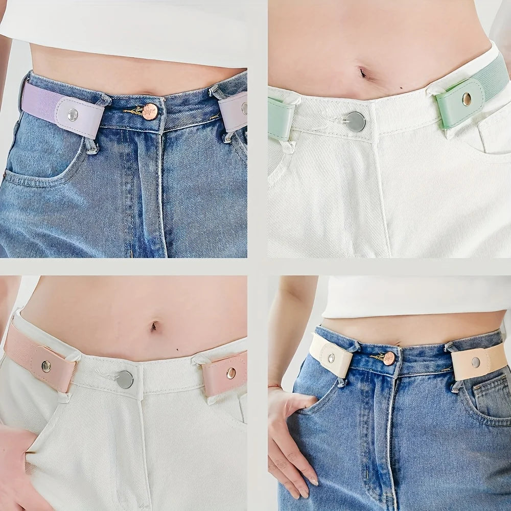 4pcs Macaron Color Casual Style Lazy Belt Accessory, Invisible Elastic No-Hole Belt for Jeans Qme