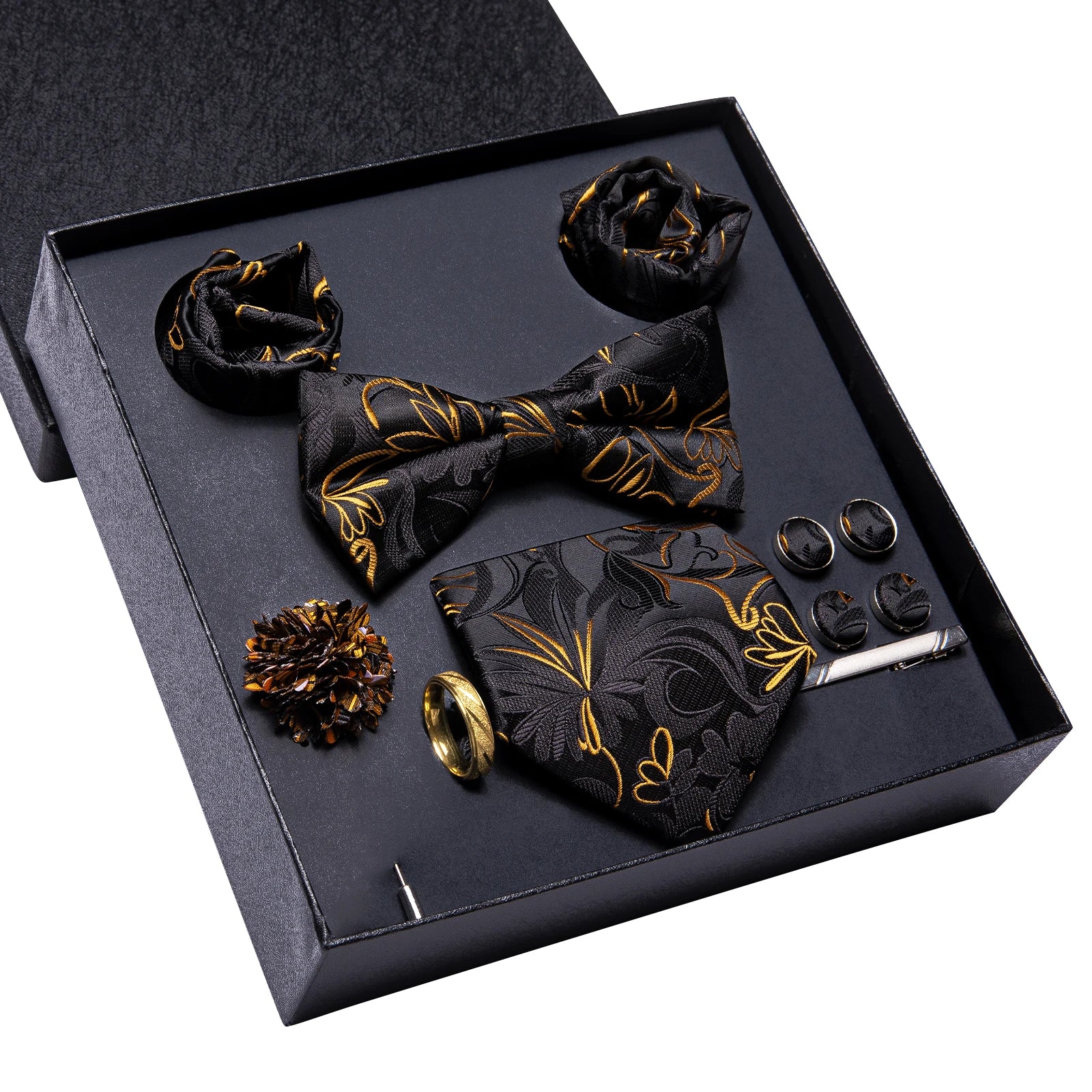Hi-tie Luxury Box Black Gold Flower Pattern Tie Soft Men's Qme N3774