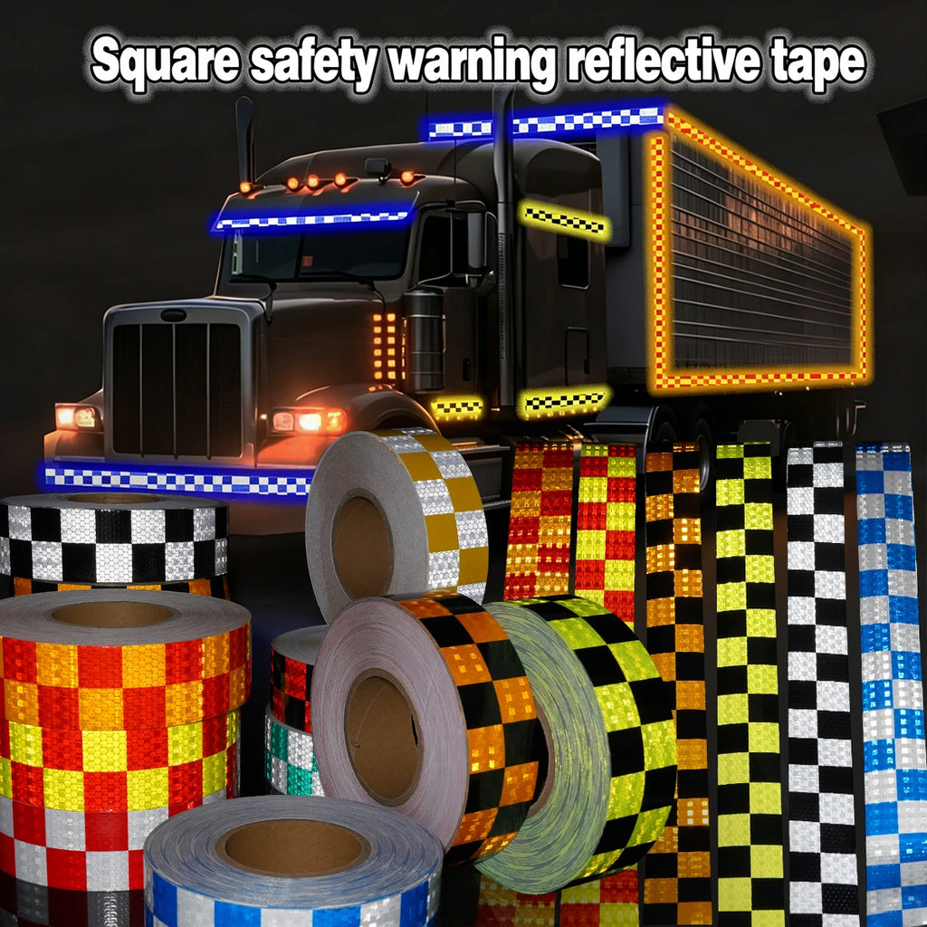 Reflective Sticker Square Grid Checkered Pattern Reflector Tape Red Yellow Fluorescent White Reflect Film For Truck Car Road Qme