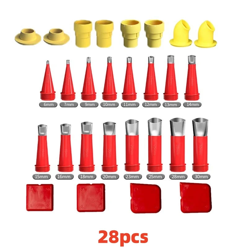 Stainless Steel Glue Gun Caulk Nozzle Applicator Suit with Base for Bathroom Kitchen Doors and Windows Gap Sealing Spray Nozzle Qme 28pcs