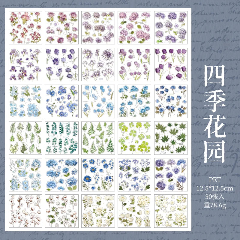 30 Sheets Kawaii Flower & Plant Pattern Flash Film Die Cutting Sticker Book for DIY Scrapbook Diary Album Aesthetic Stationery Qme B