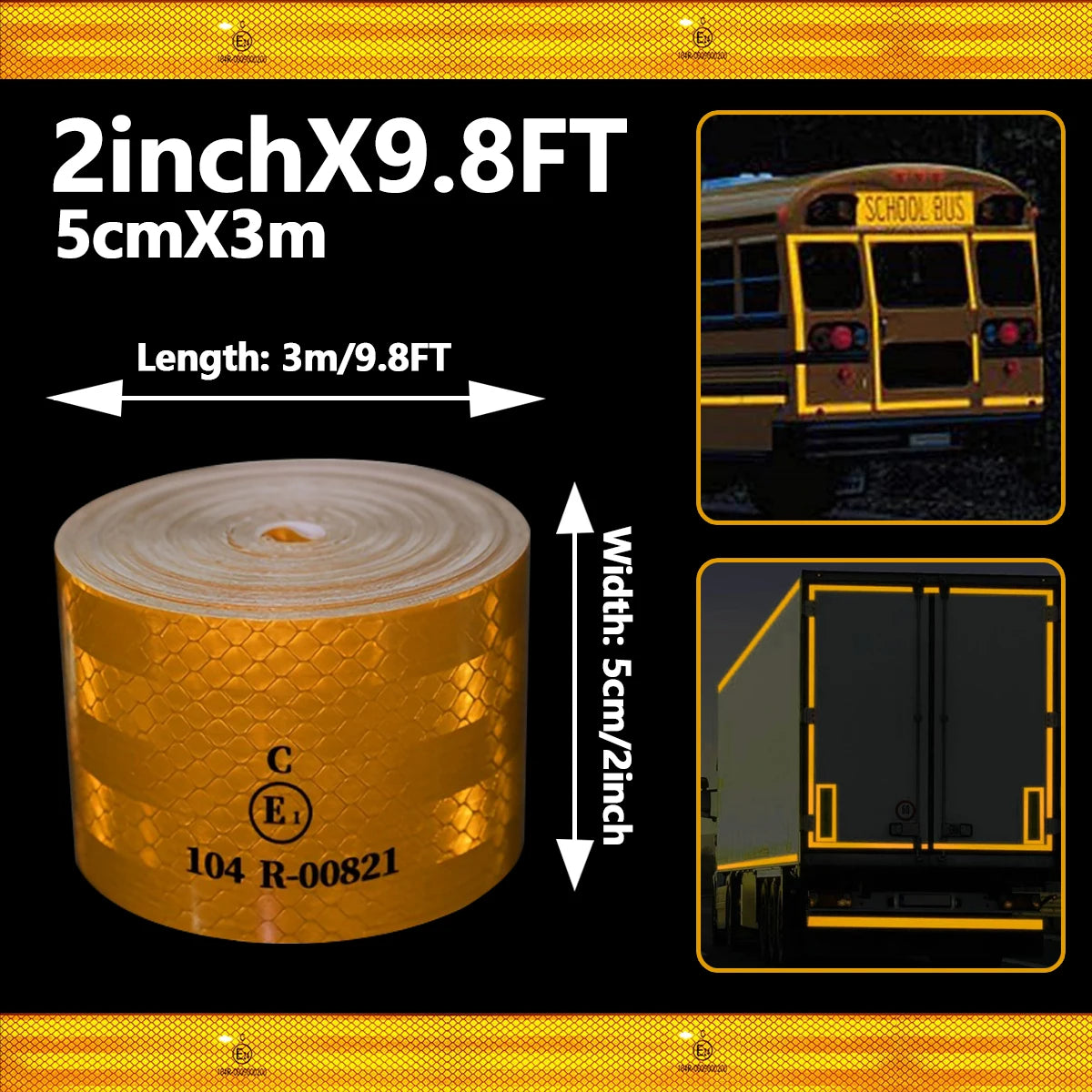 32.8FT 104R Reflective Safety Tape Reflective Tape Sticker Safety Mark Self-adhesive Warning Strip Retro-reflective Sheeting Qme Yellow 3m