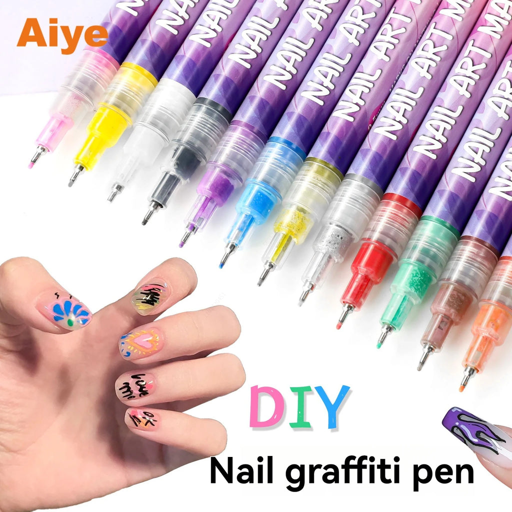 Nail Art Graffiti Pen Set Nail Marker Drawing Acrylic Paint Pens Waterproof Nail Painting Manicure Extra 0.5m Fine 12 Colors Qme