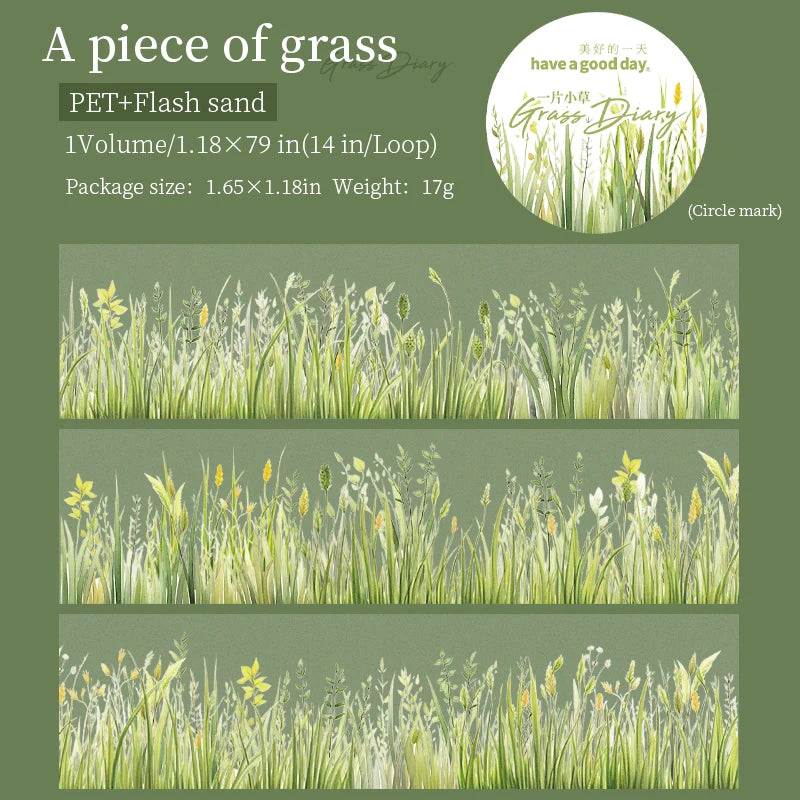 2m/Roll Cute Green Grass Flowers PET Tape Paper Decorative Journaling Adhesive Masking Tape Scrapbooking Craft Diary Stationery Qme A