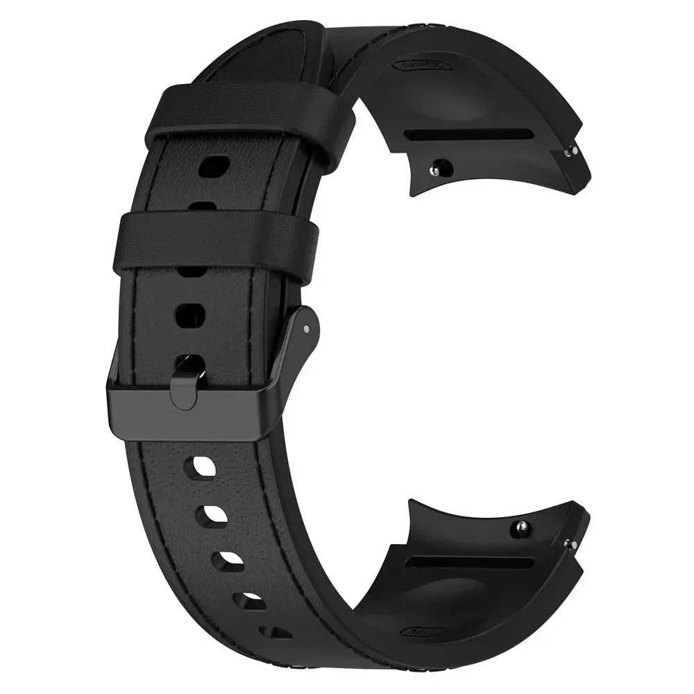 Silicone+Leather Strap For Samsung Galaxy Watch 7 6 4/5 Pro 40mm 44mm Band 6 4 Classic 47 43mm 46mm Replacement Correa Bracelet Qme Black Black Galaxy Watch 7FE 40
