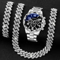 Hip Hop Iced Rhinestone Geneva Multi-function Watch Matching Full Crystal Cuban Link Necklace Bracelet For Men Party Daily Outfi Qme Silver