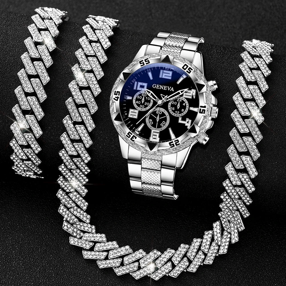 Hip Hop Iced Rhinestone Geneva Multi-function Watch Matching Full Crystal Cuban Link Necklace Bracelet For Men Party Daily Outfi Qme Silver