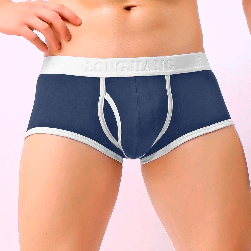Sexy Mid Waist Breathable Pure Cotton Flat Corner Pants Solid U Convex Four Corner Underwear Briefs for Male Qme Blue XL