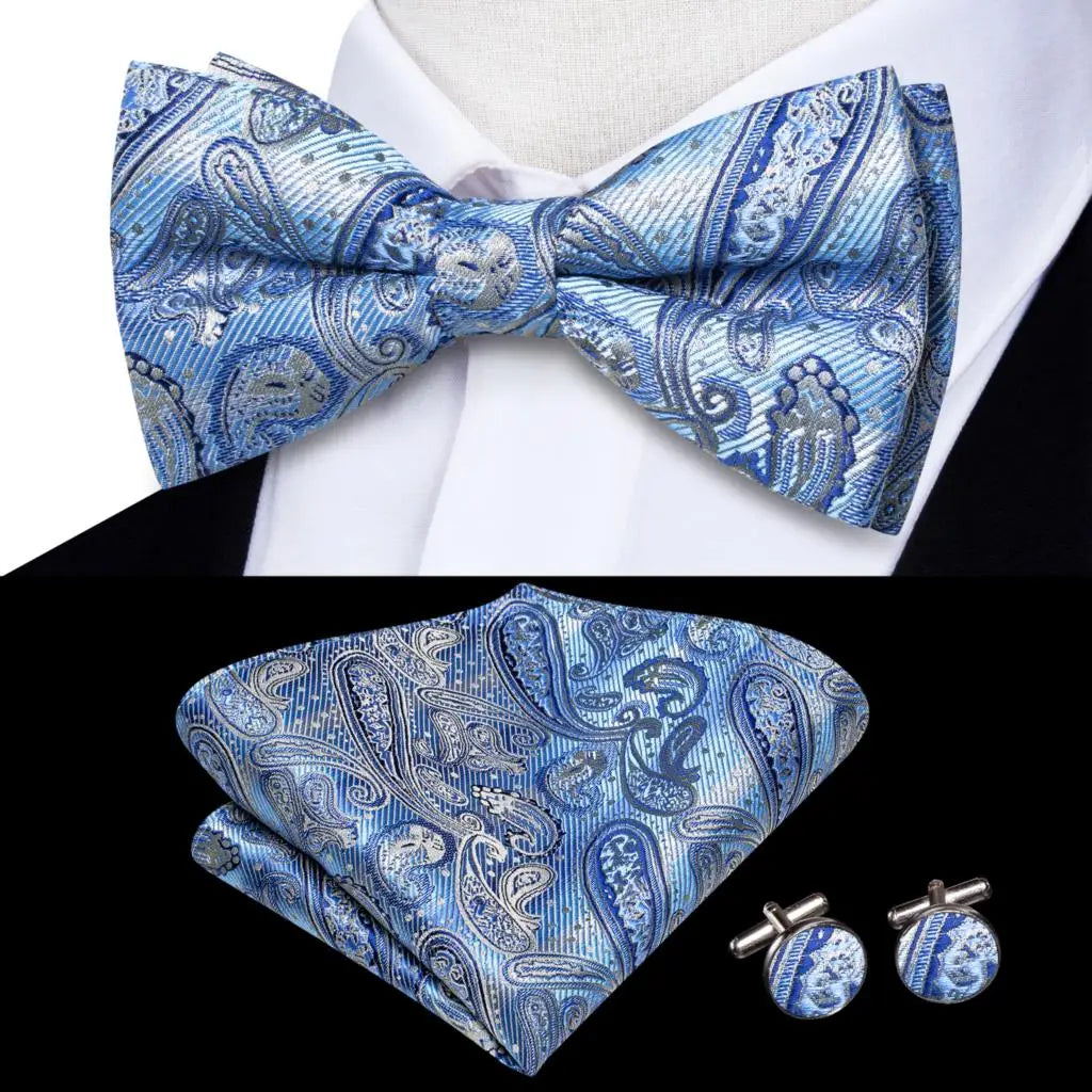 Navy Royal Sky Blue Silk Mens Bow Tie Hankerchief Cufflinks Pre-tied Qme LDLH2536