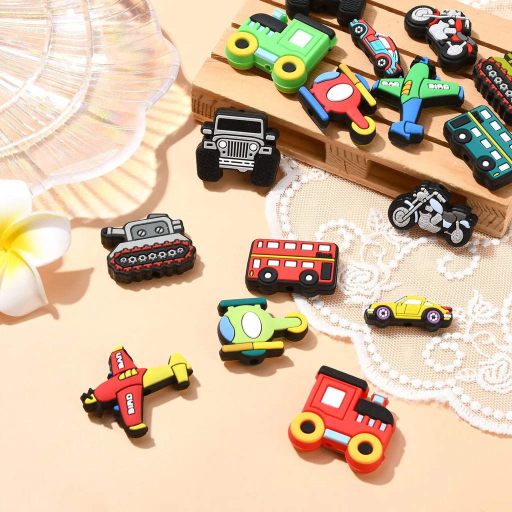 PandaHall 16Pcs Vehicle Car Silicone Focal Beads Cute Truck Helicopter Airplane Motorcycle Spacer Beads for DIY Jewelry Making Qme