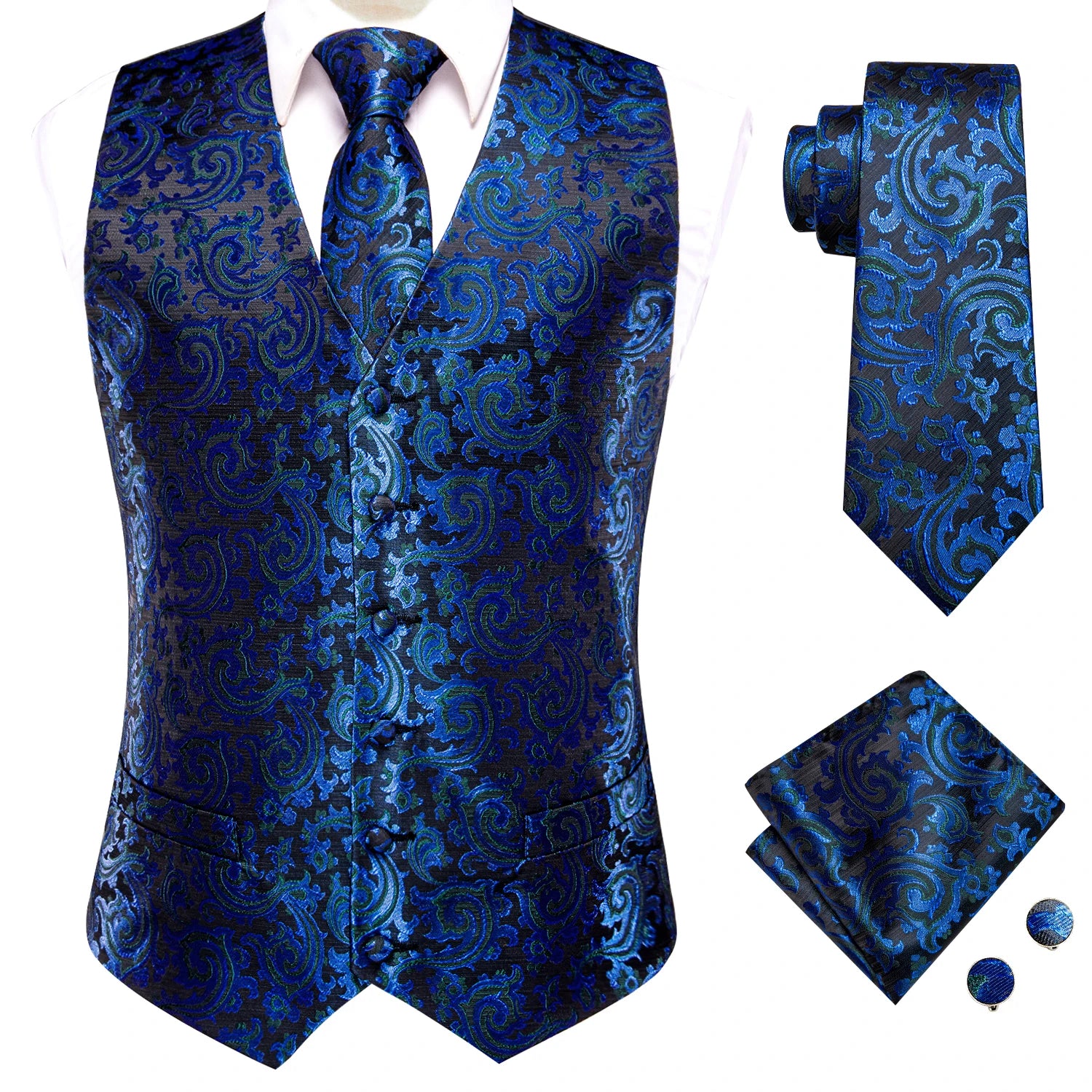 Sage Green Solid Floral Mens Suit Vests Woven Blue Waistcoat Tie Qme