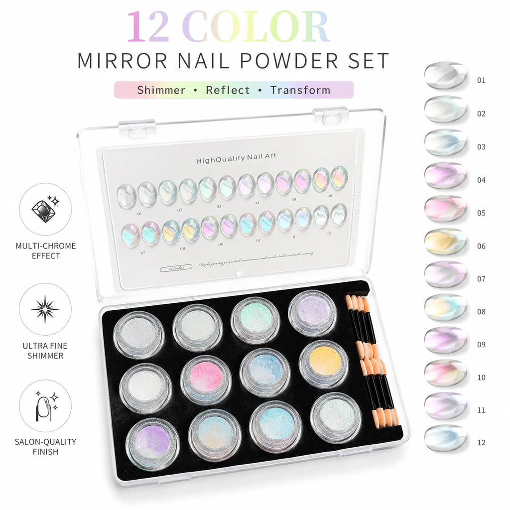 12 Colors Aurora Mirror Nail Powder Chrome Pearl Pigment Dust Ultra Qme MULTI