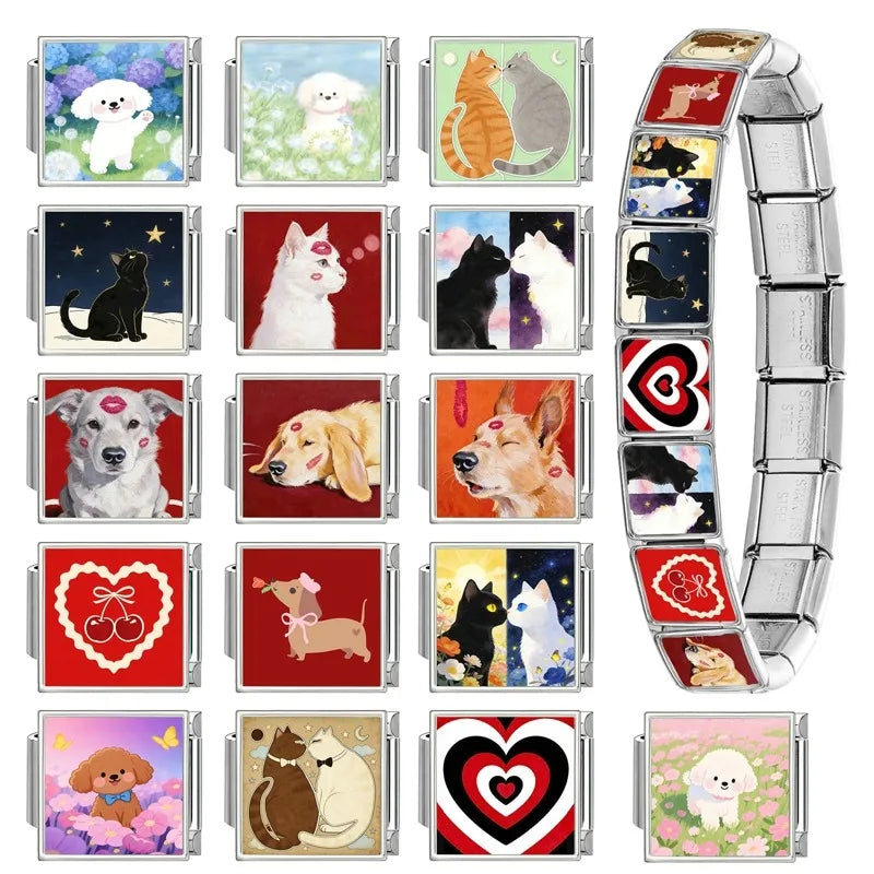 Fashion 2026 Colored Color Charms Animals Series Cat Dogs Italian Link Fit 9mm Stainless Steel Bracelet Jewelry Making DIY Gifts Qme