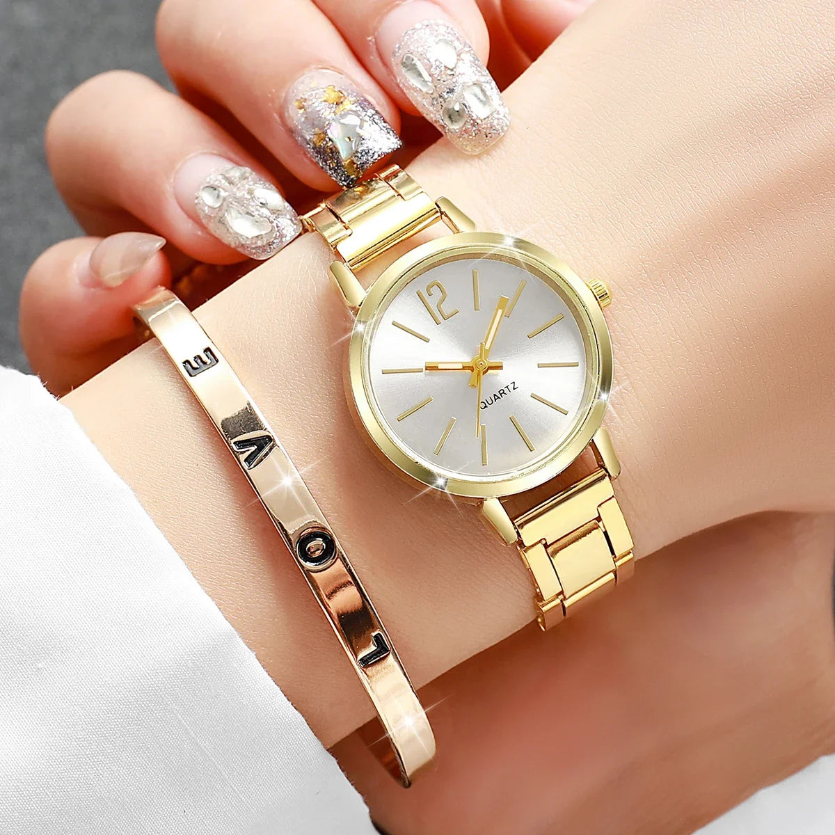 6 Pçs/set Moda Feminina Relógios Simples Pequeno Mostrador Relógio de Quartzo Pulseira Conjunto Reloj Mujer (Sem Caixa) Qme Gold