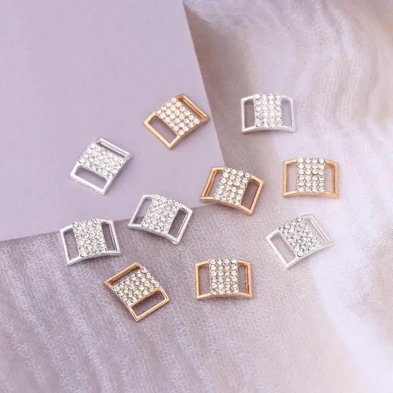 10Pcs 10*15MM Rhinestone Bikini Connector Buckle Alloy Chain Swimwear Decorative Rhinestone Buckle DIY Jewelry Accessories Qme 5 golden 5 silver