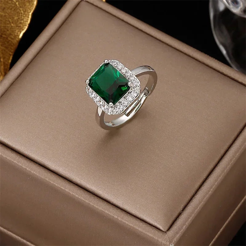 Luxury Elegant Sparkling Emerald Open Zircon Ring for Women Adjustable Luxury Silver Color Inlaid Square Green Pink Zircon Rings Qme