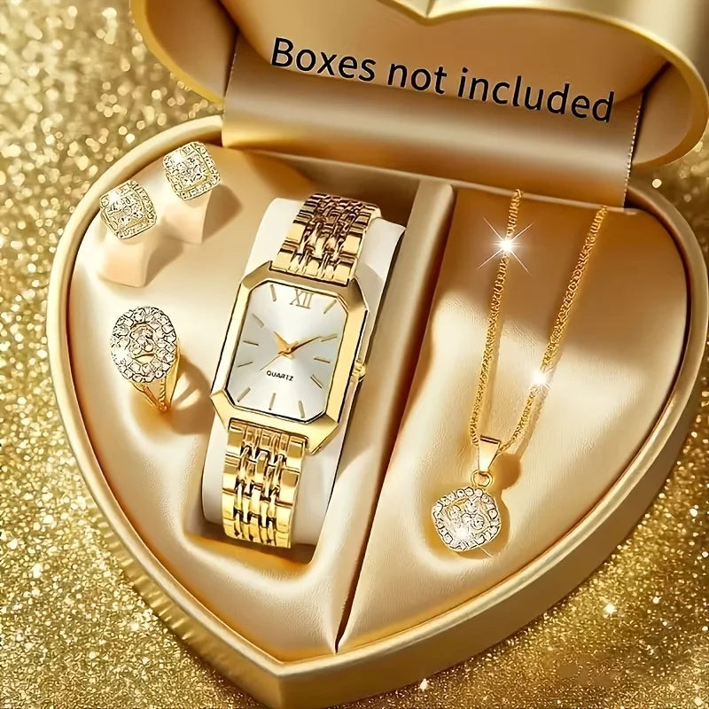 5PCS/Set Elegant Rectangle Women Watches Fashion Roma Dial Ladies Quartz Wristwatch Rhinestone Jewelry Set（Without Box） Qme Gold White No Box
