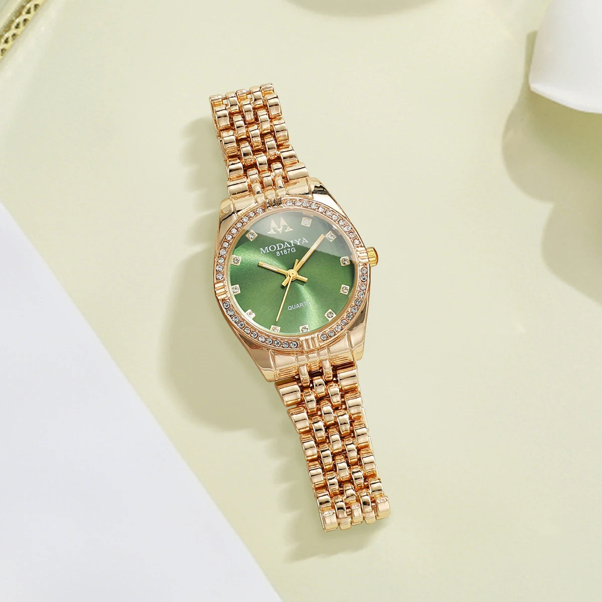 Luxury Women's Crystal Watch, Rose Gold Tone with Green Dial, Everyday Wear Qme