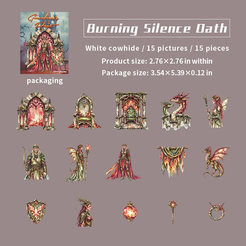 15 Sheets/Bag Guardian's Oath Series Princess and Dragon Theme 3D Scenery Sticker Set for DIY Scrapbook Phone Case Notebook Qme 2