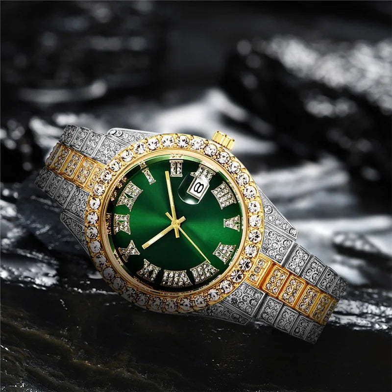 Hip hop Watch Male watch luxury water proof Brand watches Stainless steel Round Clock Men quartz wristwatches Gift boyfriend Qme silver gold green
