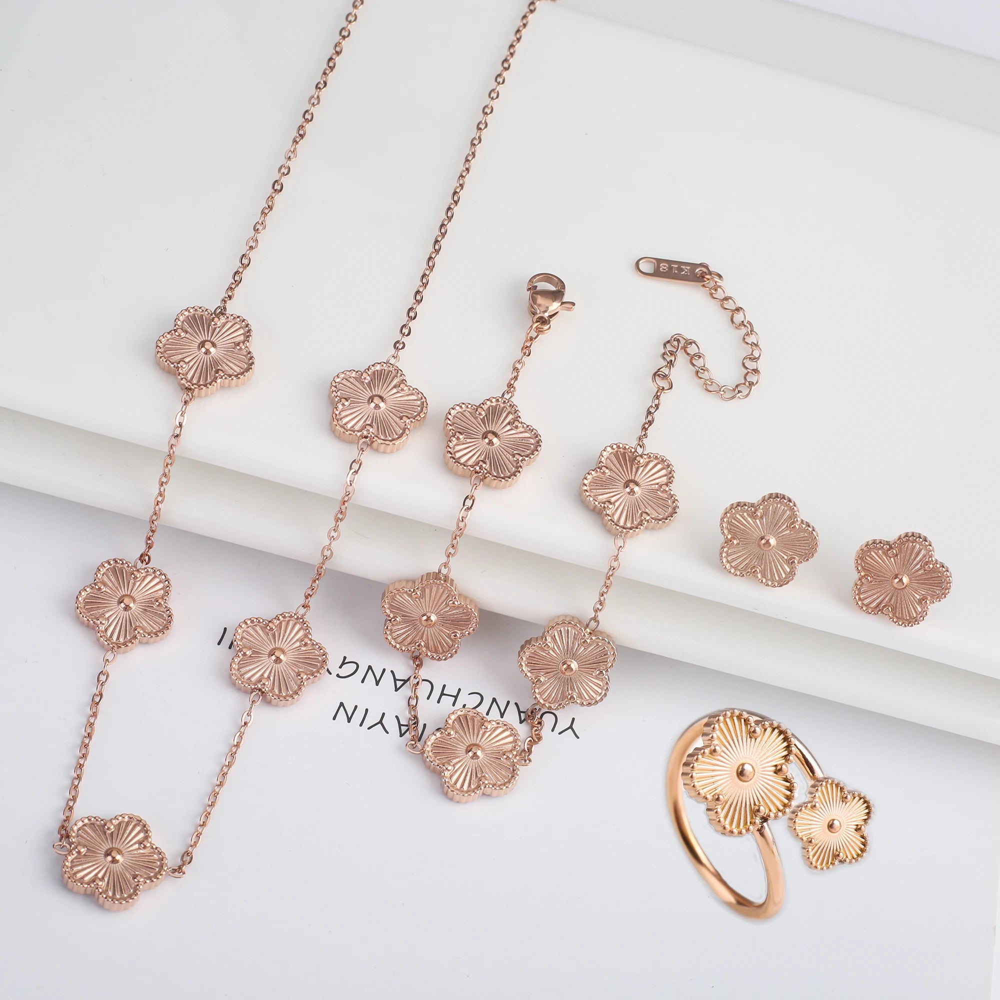 4Pcs 18k Gold-Plated Five-Leaf Flower Necklace Earrings Ring Bracelet Jewelry Set For Woman Party Jewelry Daily Wear Clover Gift Qme Jewelry Set 10