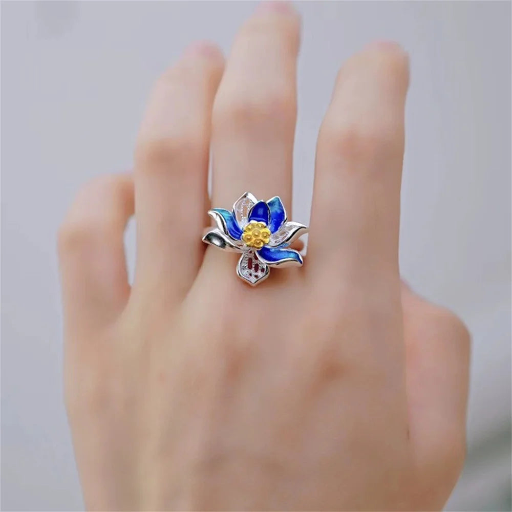 Retro Ethnic Landscape Blue Enamel Lotus Ring Adjustable Minimalist Thai Silver Fashionable Vintage Loop Ring Jewelry Qme