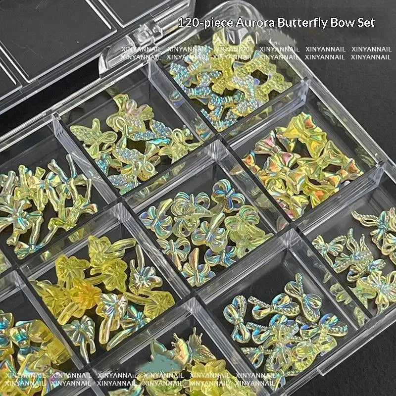 120 Iridescent Aurora Bow Nail Charms Clear Storage Box Perfect DIY Qme
