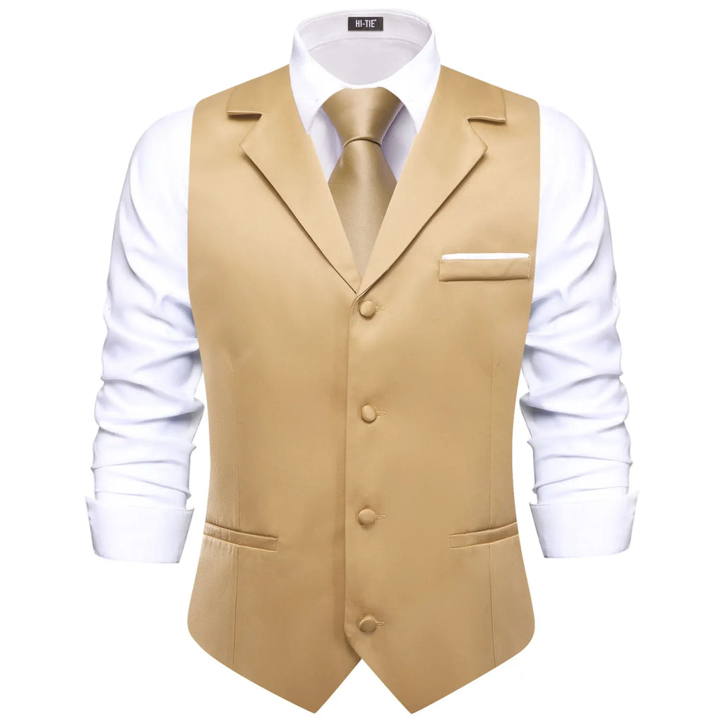 Hi-tie Champagne Solid V-neck Men Vest Tie Jacquard Tuxedo Dress Qme