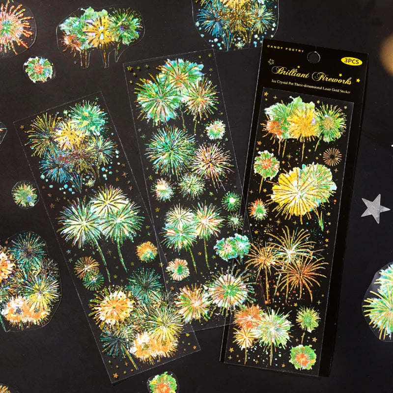 Sticker Pack 3 Sheets/Bag Dazzle Fireworks ThreeDimensional Laser Gold Flat Sheet PET Stickers Handbook Stationery DIY Decorate Qme