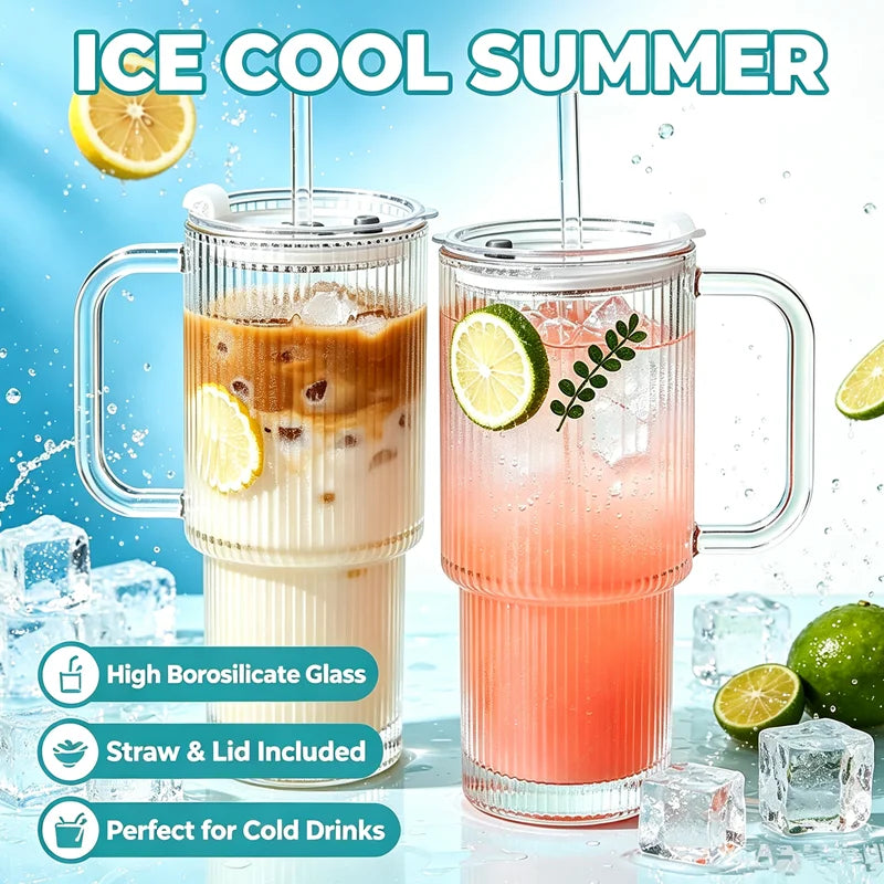 Vertical Striped Glass Cup With Handle Lid Straw Large Clear Tumbler Iced Coffee Tea Juice Cup Summer Portable Drinking Mug Qme