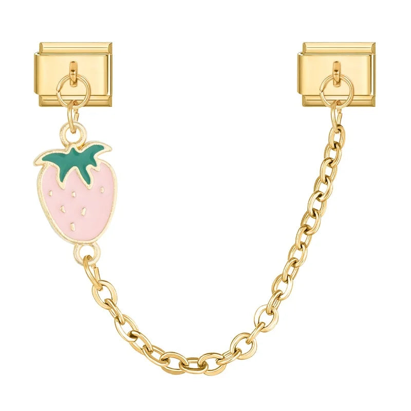 Shiny Zircon Red Apple Fruit Strawberry Cherry Chain Italian Charm Links Fit 9MM Bracelet Stainless Steel Women DIY Making Gifts Qme Style 5