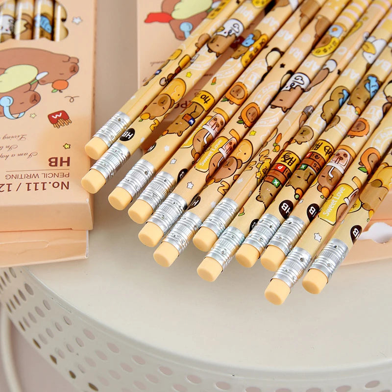 12-Pack Fun Capybara Cartoon Pencils Erasers Kawaii Stationery Office Qme