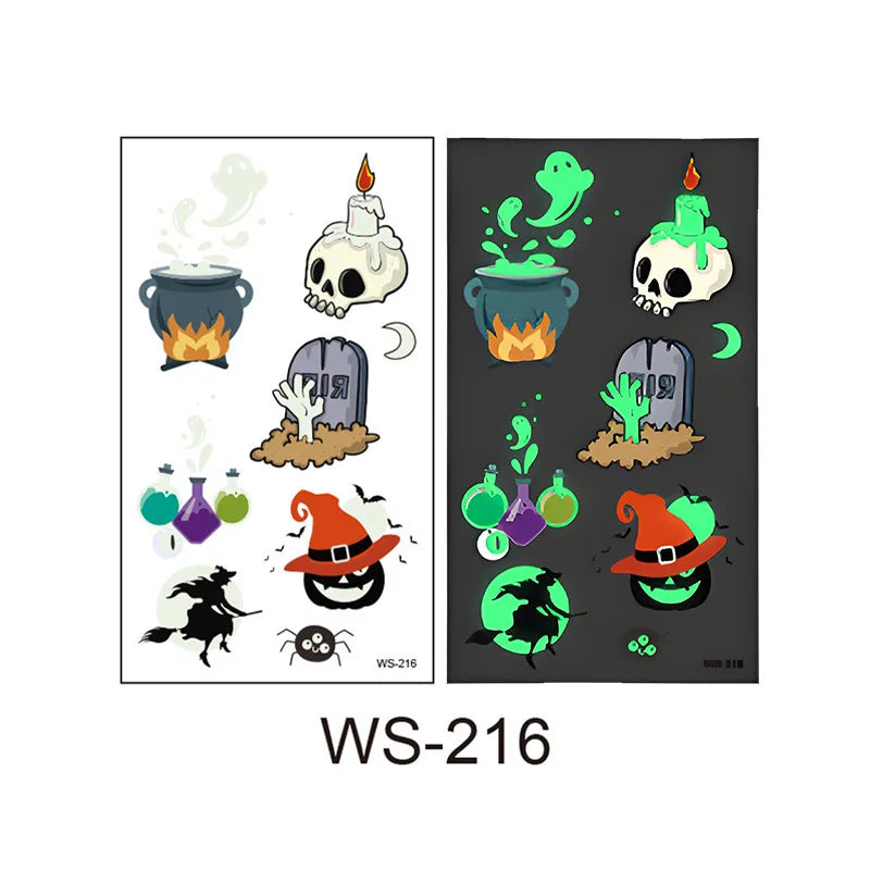 A Halloween Kids Toy Gift 6/8 Sheets Glowing Pumpkin Knife Fake Tattoos, Waterproof Body Stickers for Arm Hand Cosplay Decor Qme