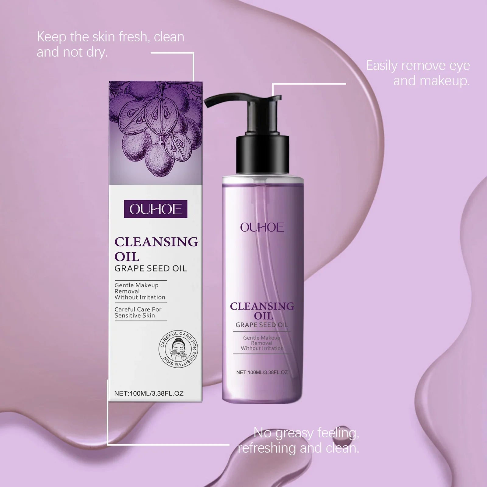 Grape Seed Cleansing Oil Makeup Remover for Sensitive Skin Non-Tightening Deep Purifying Hydrating Refreshing Facial Oil Control Qme