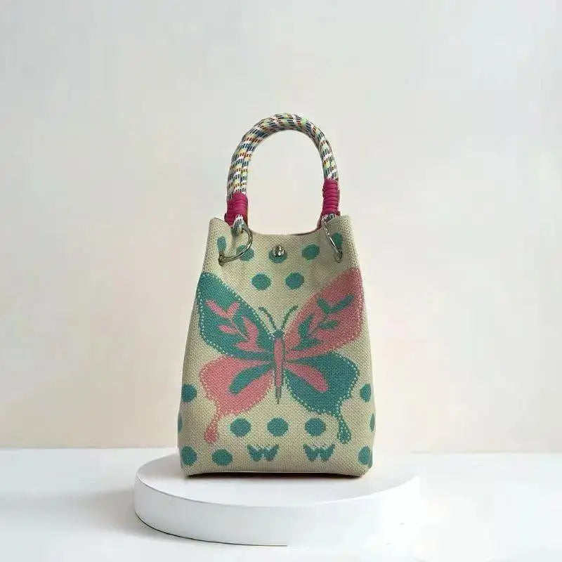 Mini Knitted Bucket Bag Women Small Handbag Geometric Colorblock Wristlet Purse With Detachable Handle 1PC Qme style 4