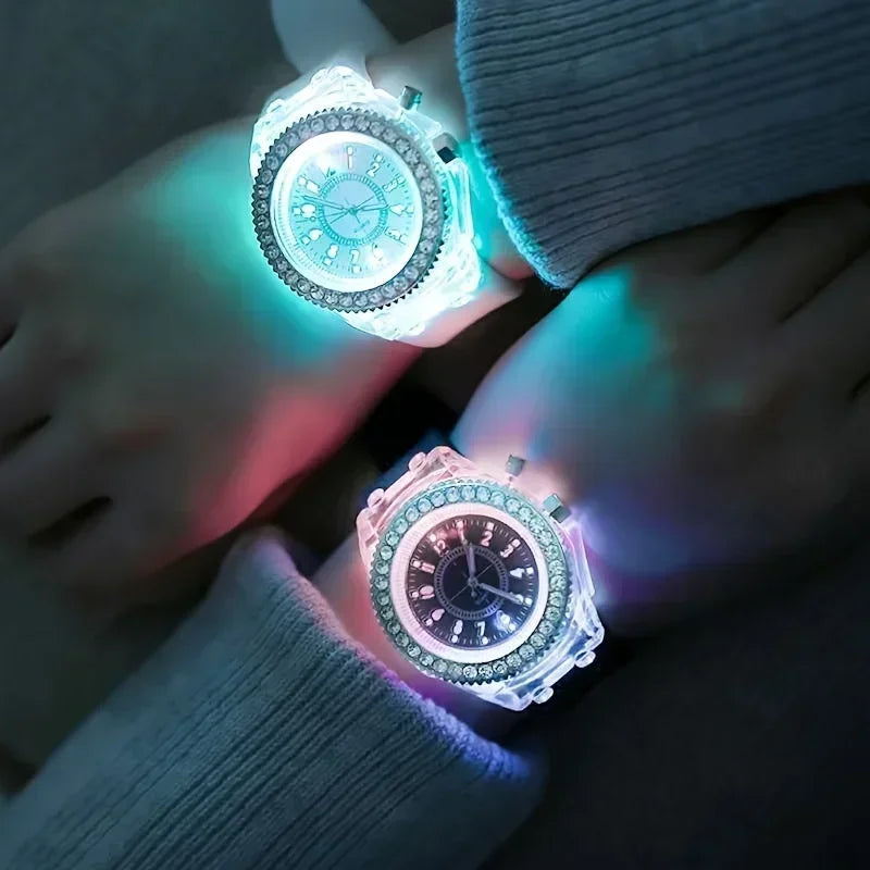Luminous Round Digital Watches Solid Color Inlaid Rhinestone Sports Watch Couple Waterproof Wrist Watch Qme