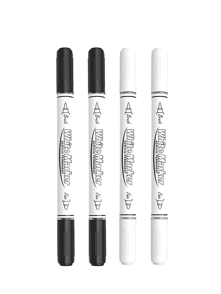 2-6Pcs Black/White Large Capacity Dual Tip Permanent Acrylic Paint Pen for Art Supplies, Fabric Paint, Markers for DIY Art Qme 2black 2white