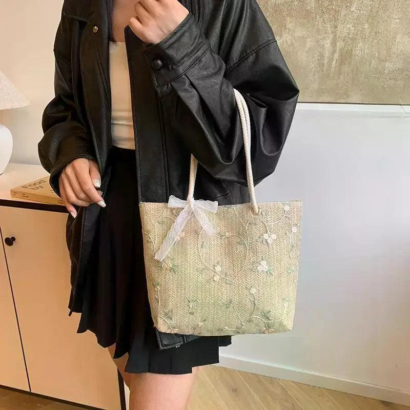 Woven Straw Tote Bag With Floral Embroidery And Lace Bow Detail Shoulder Bag Perfect For Daily Commute Beach Trips Shopping Qme