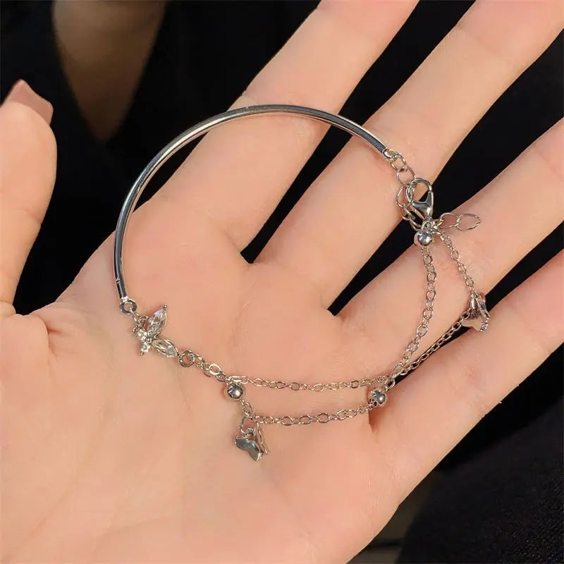 Exquisite New Fairy Sparkling Butterfly Tassel Bracelet Elegant Women Silver Color Chain Valentines Day Layering Gift Jewelry Qme