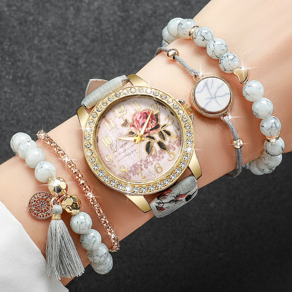 Sweet Dating Floral Print Leather Watch Set, 4-in-1 Marble Stone Charm Bracelets & Crystal Wristwatch Gift for Girls Qme Flower 5PCS No Box