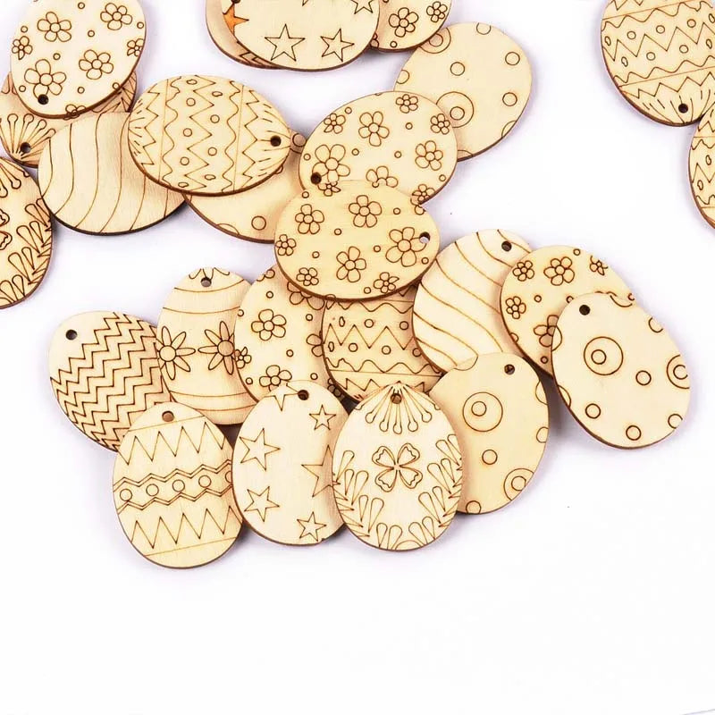 25Pcs Mixed Easter Egg Wood Crafts Pendant For Wooden Drop Hanging Ornaments DIY Scrapbook Home Decor Embellishments M2565 Qme