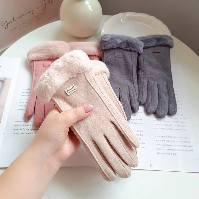 Autumn Winter Warm Suede Gloves Velvet Thickened Plush Decor Cuff Qme