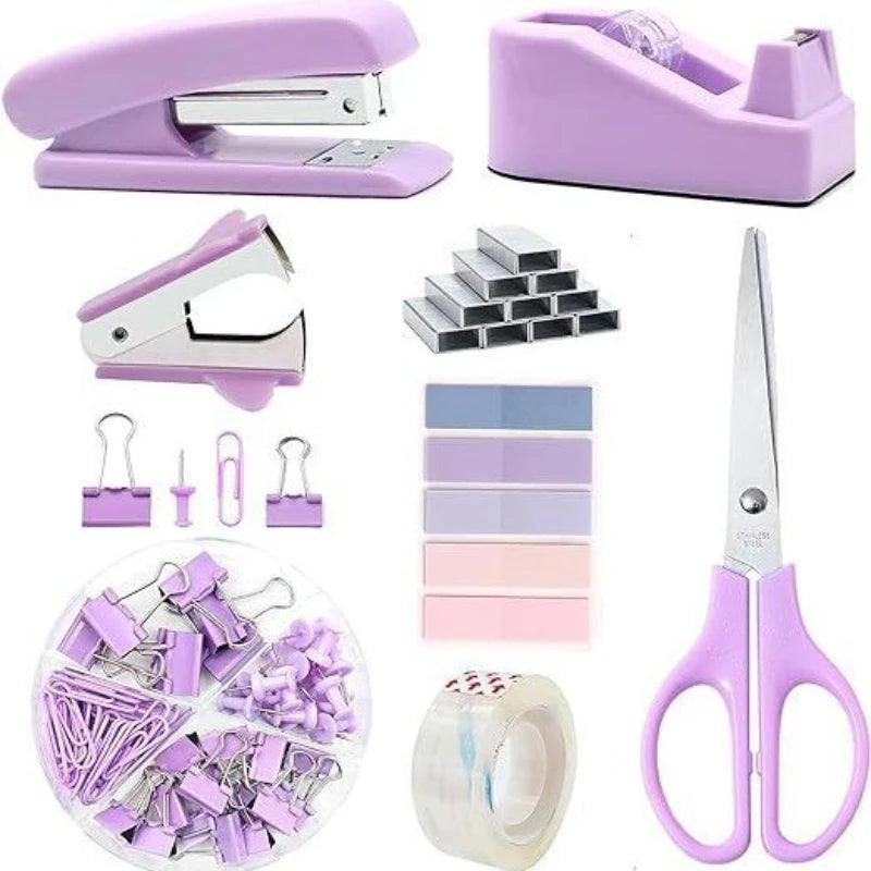 7Pcs/Set Organizer Accessories Set Office Supplies Stapler Staple Remover Paper Clips Back To School Student Stationery Kit Qme Purple set